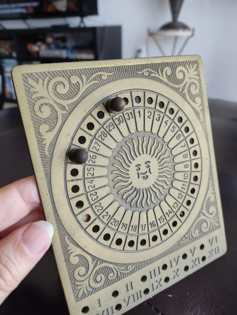 Antique-Style Brass Perpetual Calendar Plaque - Sun Motif